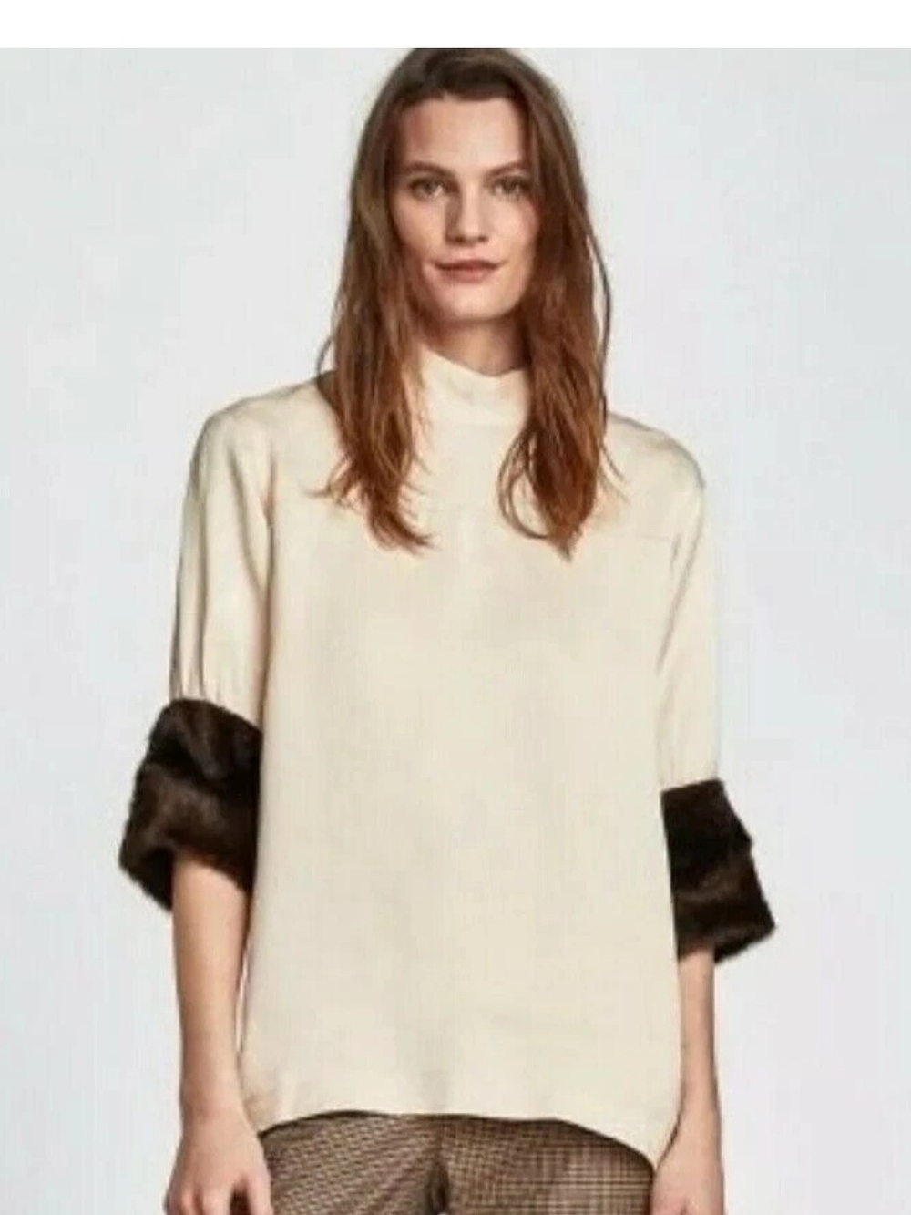 Zara Cream Short-Sleeve Sweater with Brown Faux-Fur Cuffs